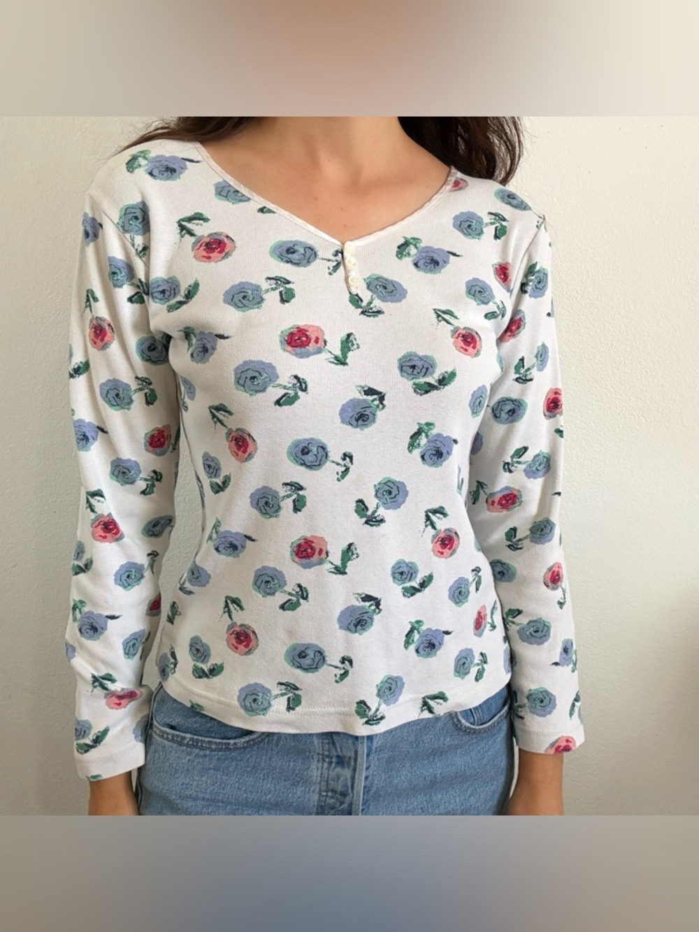 Vintage 90s floral long sleeve Henley top blouse Partners button up cotton